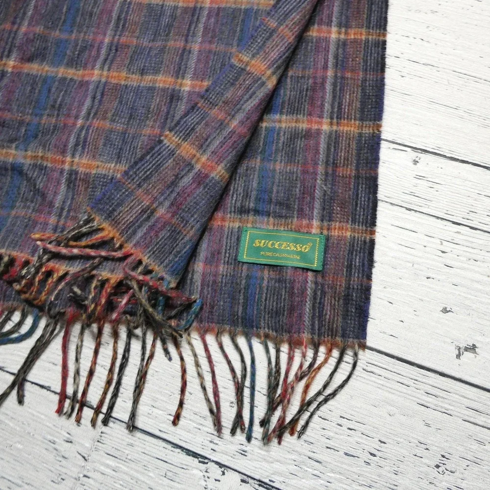Successo Scarf Mens One Size Blue Multicolor Plaid Pure Cashmere Fringe Winter